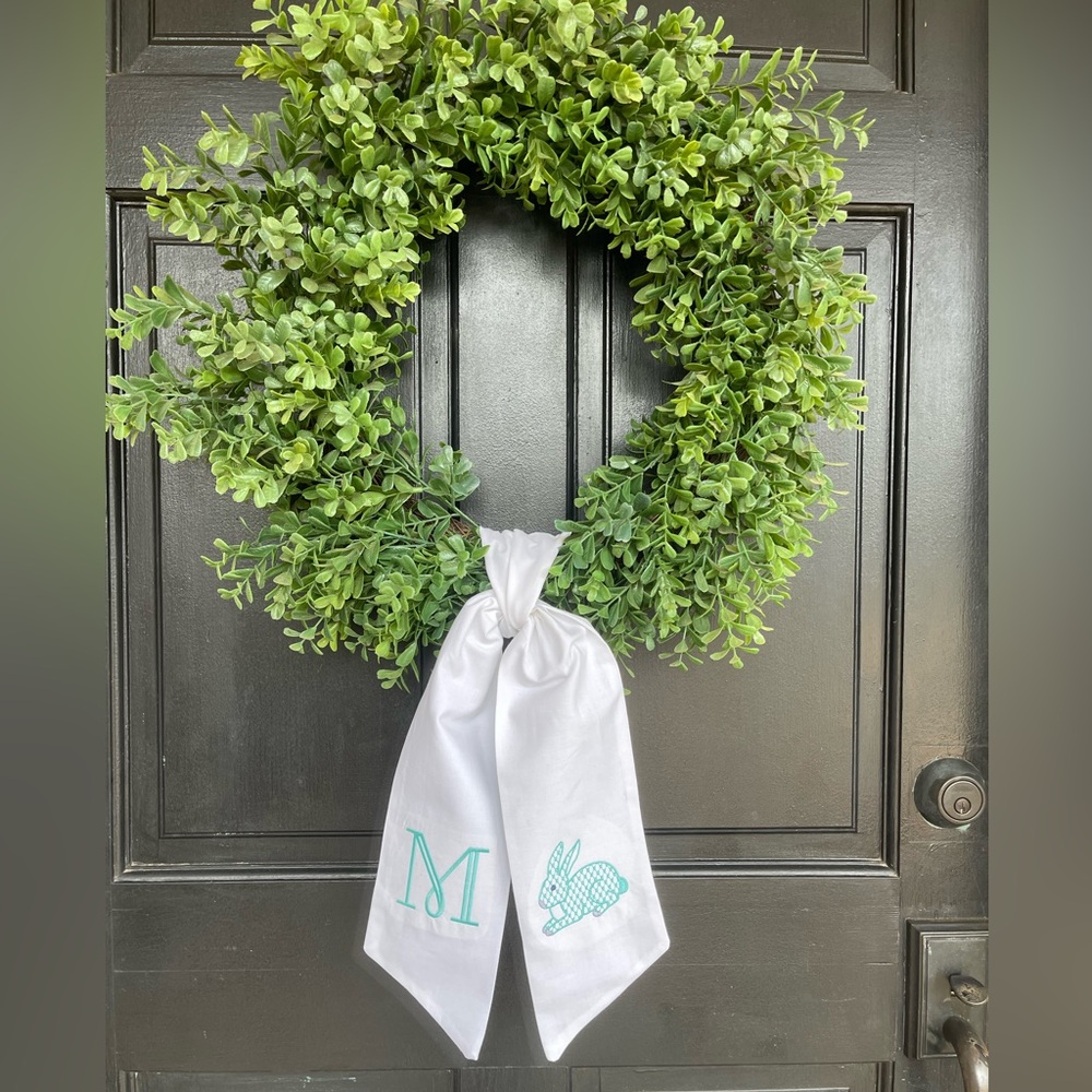 Wreath sash custom for front door Spring Easter Herend Bunny  white mint